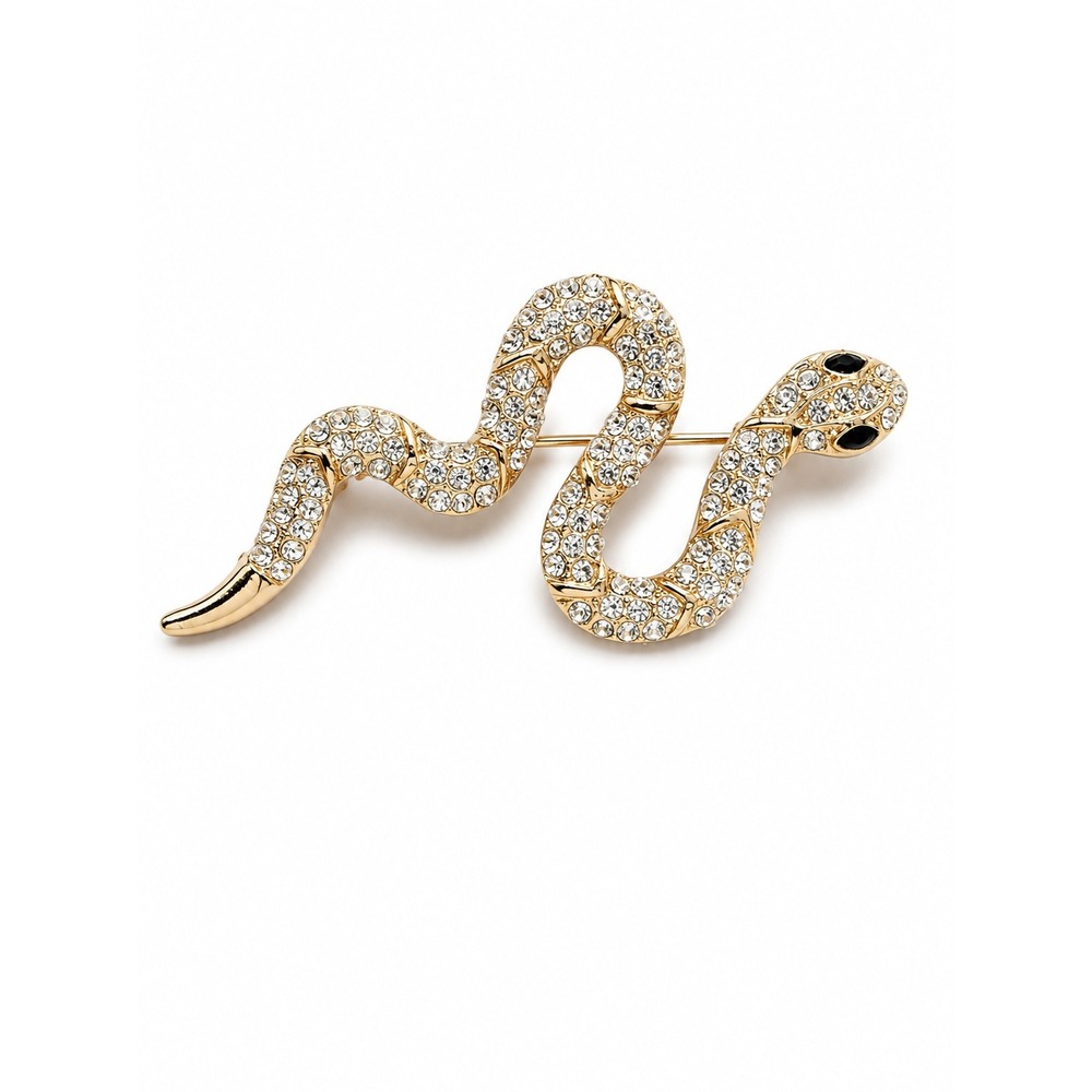 Gold Tone Rhinestone Snake Brooch Crystal Serpent Pin Statement Jewelry